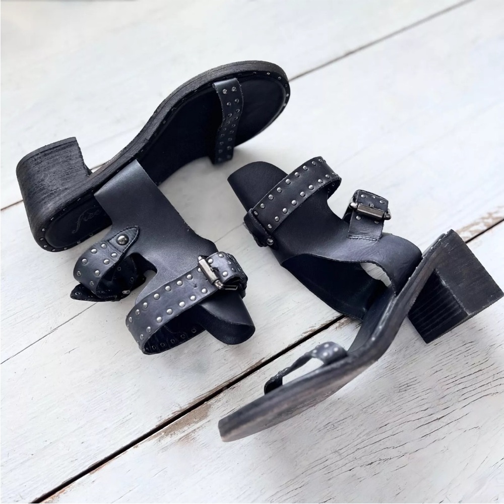EUC Free People Happiness Heeled Sandal Sz 38 / 8 Washed Black Leather - Studded